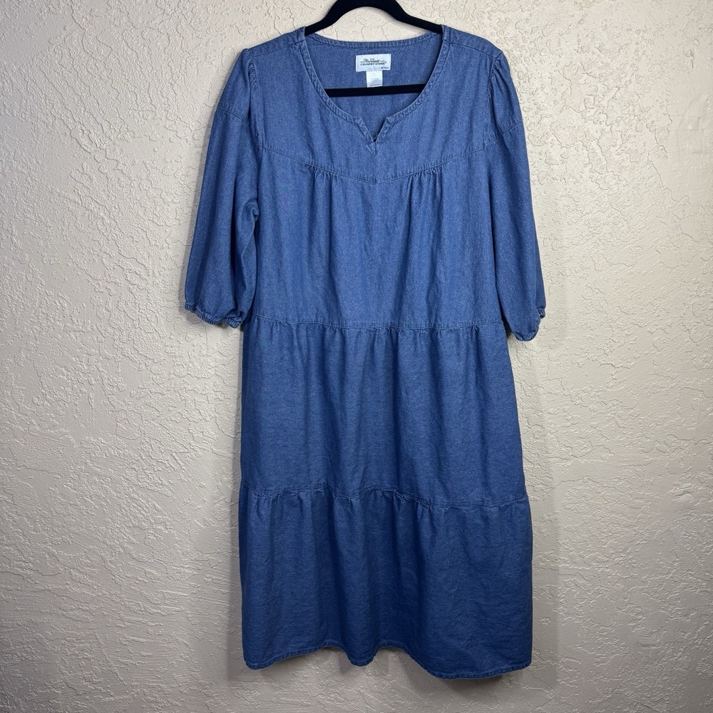 Vermont Country Store Midi Dress Womens L Chambray Tiered Cotton Western Modest